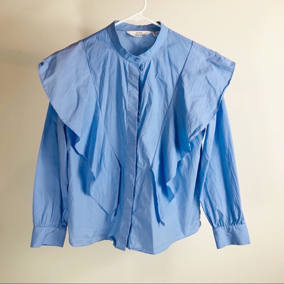 blue ruffle blouse